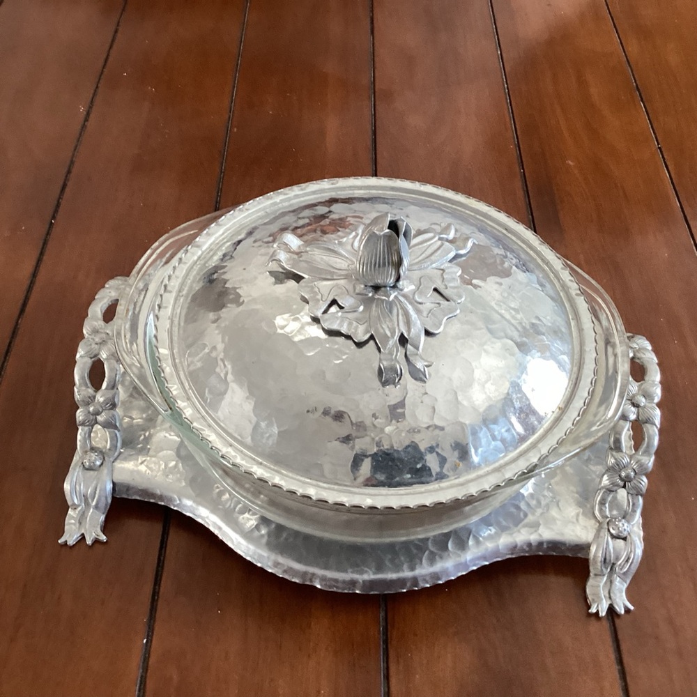 MCM Rodney Kent hammered aluminum covered glass casserole server #440